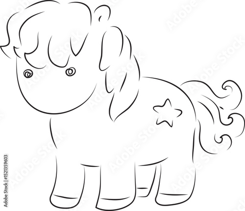 A cute little pony with a wavy tail and a star on her rump., curved lines drawn by hand with a black brush