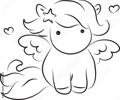 cute little pegasus with wavy mane and star in hair sitting and looking at camera, front view, curved lines drawn by hand with a black brush