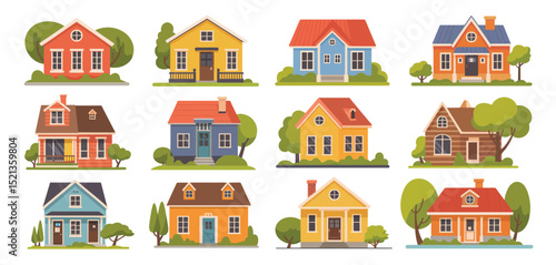 Collection of Cute Suburban Houses with Green Landscaping