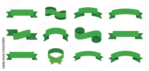 Twelve Green Ribbon Banners Set for Design