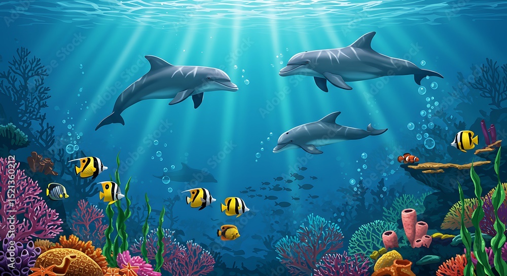 Fototapeta premium Ocean Unity: Silhouette of Marine Creatures in Harmony