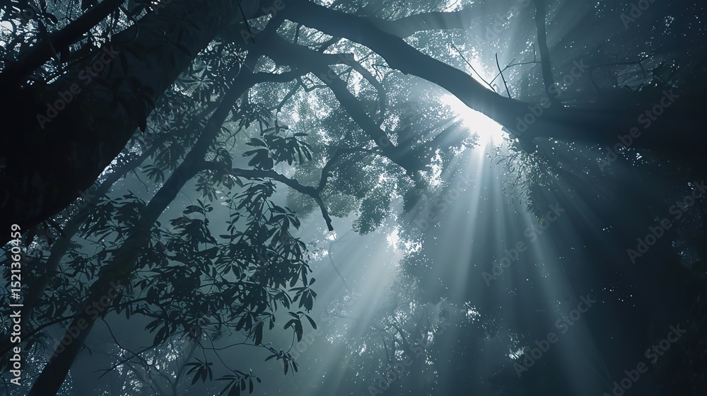 Fototapeta premium Whispers of Light: Unveiling the Enchantment of Sunlight Piercing Through Forest Mist
