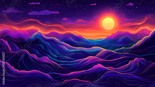 Abstract image of a round celestial body on the horizon. Illustration in blue, red and light blue tones for use in graphics, design and screensavers.