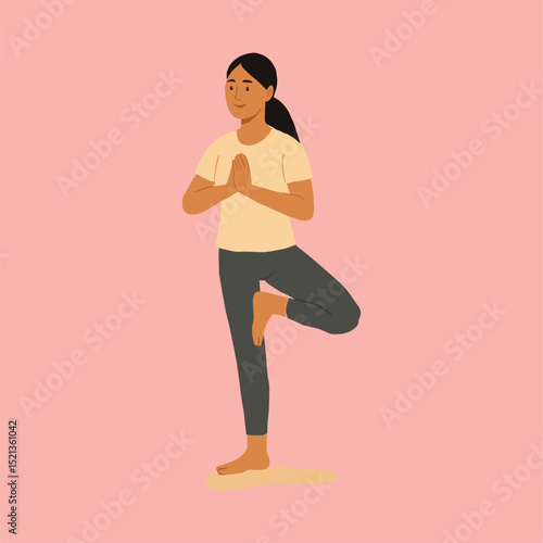 Young Woman Practicing Tree Pose Yoga on Pink Background – Flat Vector Illustration