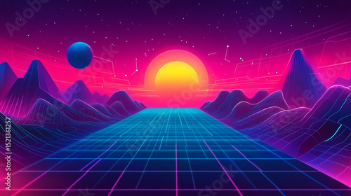Abstract image of a round celestial body on the horizon. Illustration in blue, red and light blue tones for use in graphics, design and screensavers.