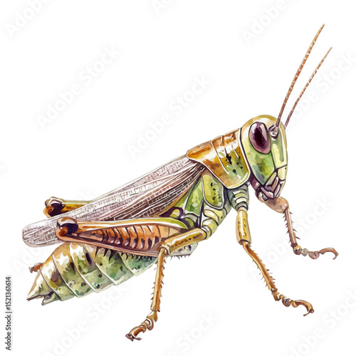 Grasshopper Close Up, watercolor clipart vector, high quality, isolated on a white background.