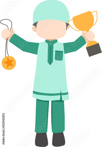 Muslim kid boy student holding trophy with medal