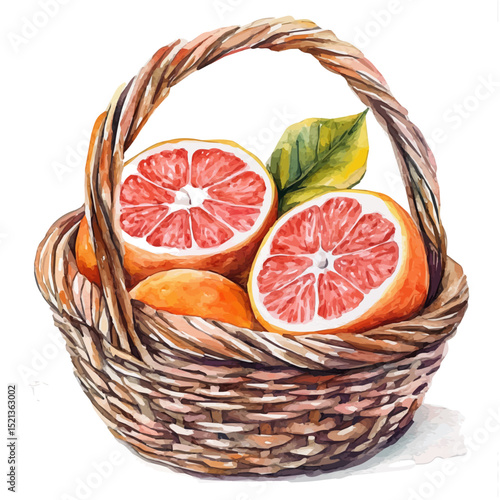 Grapefruit Fruit Basket, watercolor clipart vector, high quality, isolated on a white background.