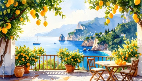 Lemon tree terrace with sea view representing Mediterranean lifestyle, summer relaxation, local food culture and dreamy holiday destination vibes