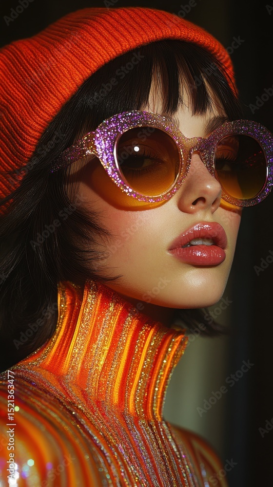 Obraz premium Woman wearing a red hat and sunglasses with a striped shirt creative portrait vertical background