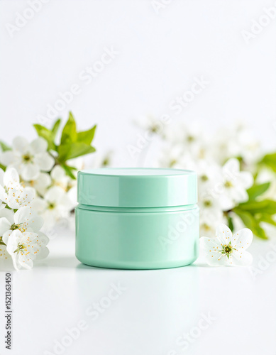 Blank cream jar package and blooming flowers. Skin care, cosmetic container. Natural beauty product.