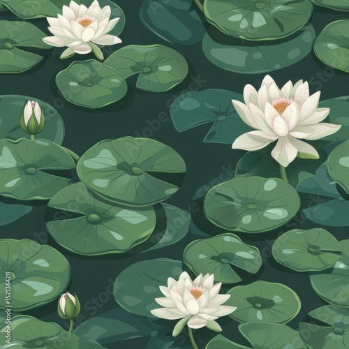 Seamless Floating Lotus and Lily Pad Pattern – Tranquil Pond Surface Design..