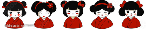 和風の髪型の女の子アイコンセット（おしゃれな装い）