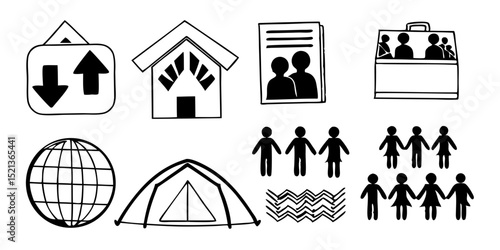 Refugee Crisis, Humanitarian Aid line icon set. Vector pictograms of migration, relief efforts, global support, displaced person ID card, tent shelter, family immigration thin linear illustration.