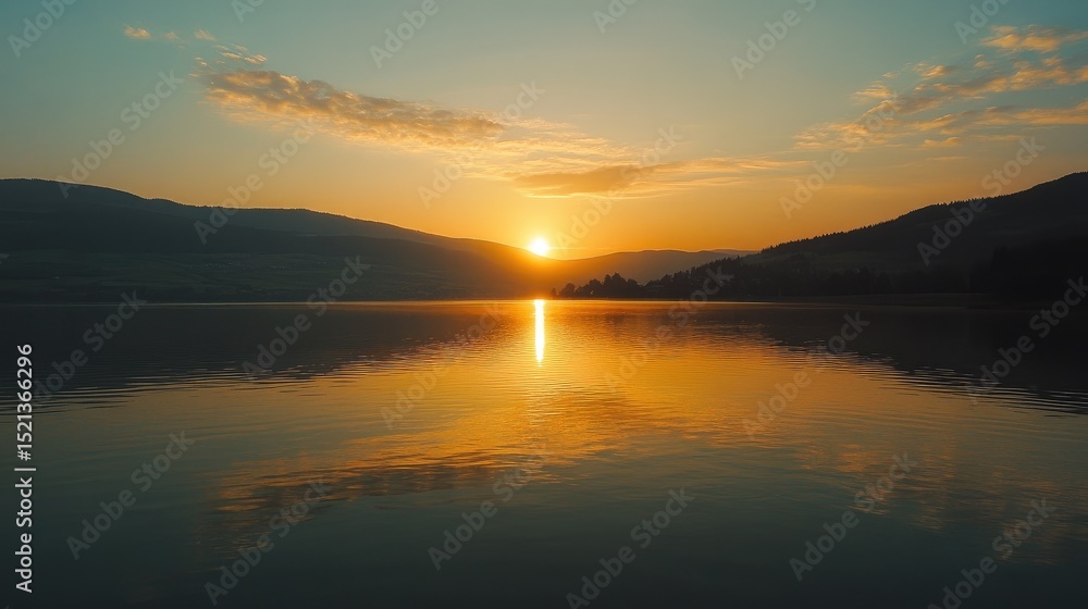 Sunset at a calm mountain lake in Austria with mirror-like reflection Sunset at a calm mountain lake in Austria with mirror-like reflection