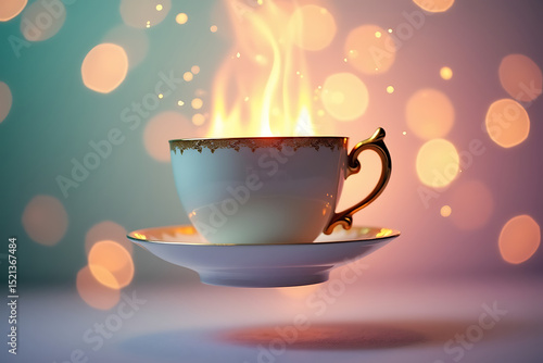 Wallpaper Mural A Floating Teacup Engulfed in a Soft Golden Flame, Suspended Mid-Air with Gentle Light Reflections, Radiating Warmth and Mystery in a Dreamlike Atmosphere, AI-generated Torontodigital.ca