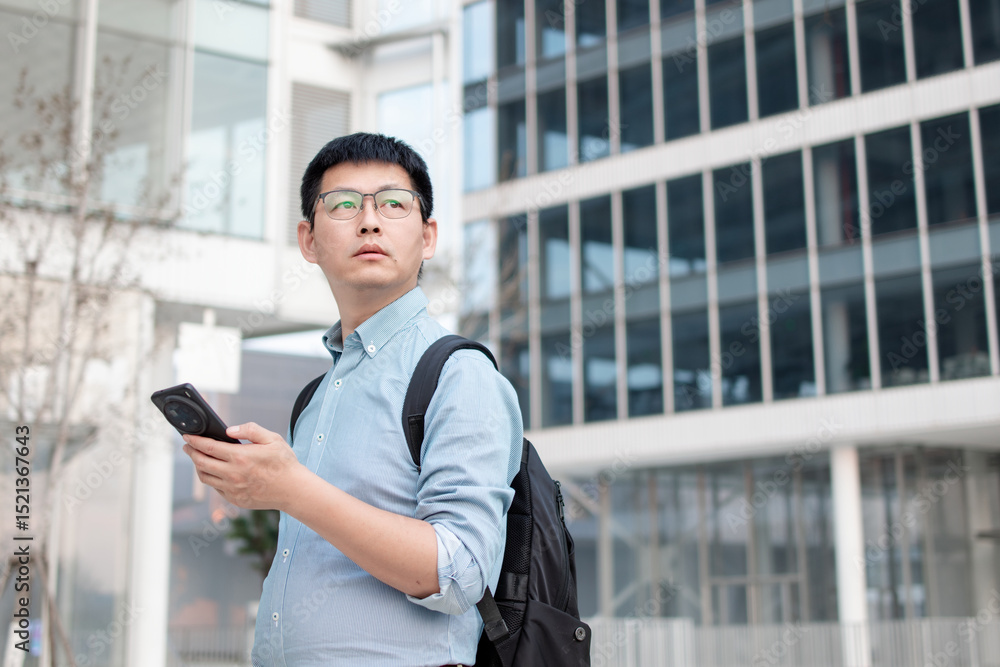 Fototapeta premium asian businessman using smart phone out of office building