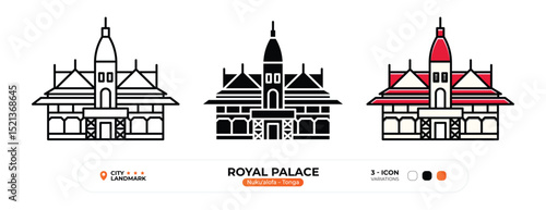 Royal Palace Line Icon, Nuku‘alofa, Tonga Landmark Silhouette, Color Vector, Editable Stroke.