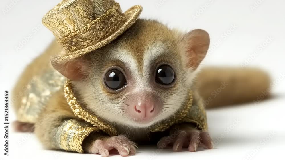 A small, adorable primate dressed in a golden outfit poses charmingly against a plain backdrop A small, adorable primate dressed in a golden outfit poses charmingly against a plain backdrop