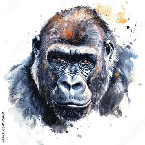Gorilla Close Up, watercolor painting vector, high quality, isolated on a white background.