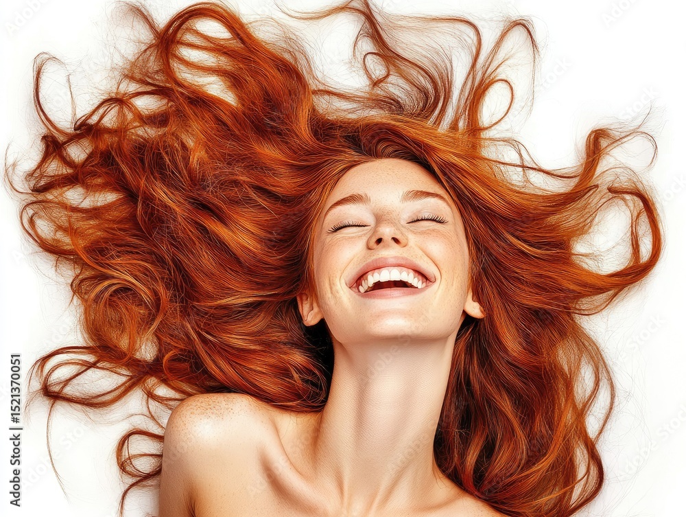 Naklejka premium Portrait of beautiful cheerful redhead girl with flying curly hair smiling laughing looking at camera over white background