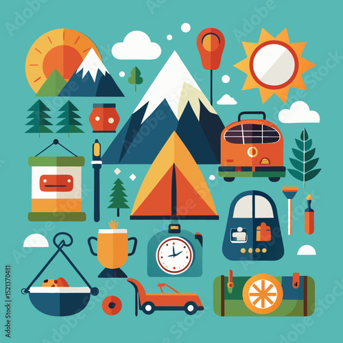 camping and outdoor adventure icons set