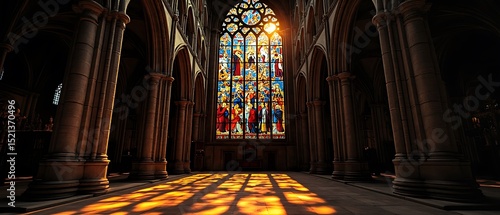 Inside a gothic church sunlight streaming through stained glass window illuminating the architecture and columns