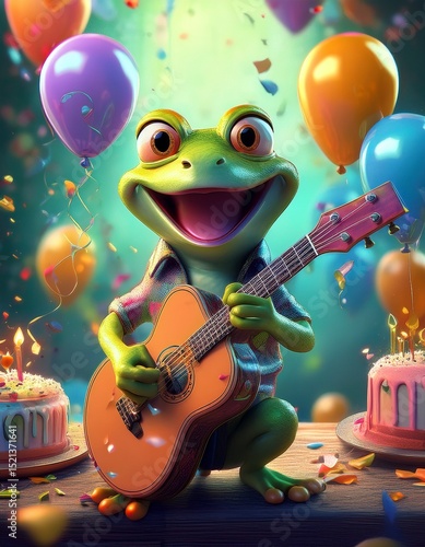 Frog happy birthday card party cartoon 