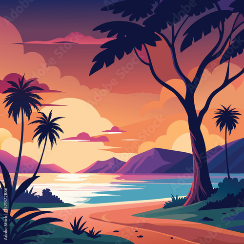 sunset silhouettes in tranquil beach scene with trees