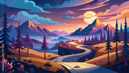 day and night time change concept. road winding through forest in mountain landscape. nature scenery on autumn equinox. cloudy sky with sun and moon Very beautiful
