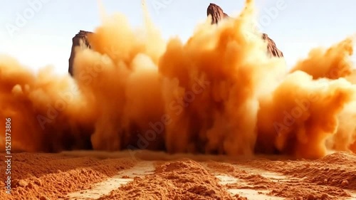 Epic desert explosion with dust and sand rising against mountain backdrop in cinematic slow motion