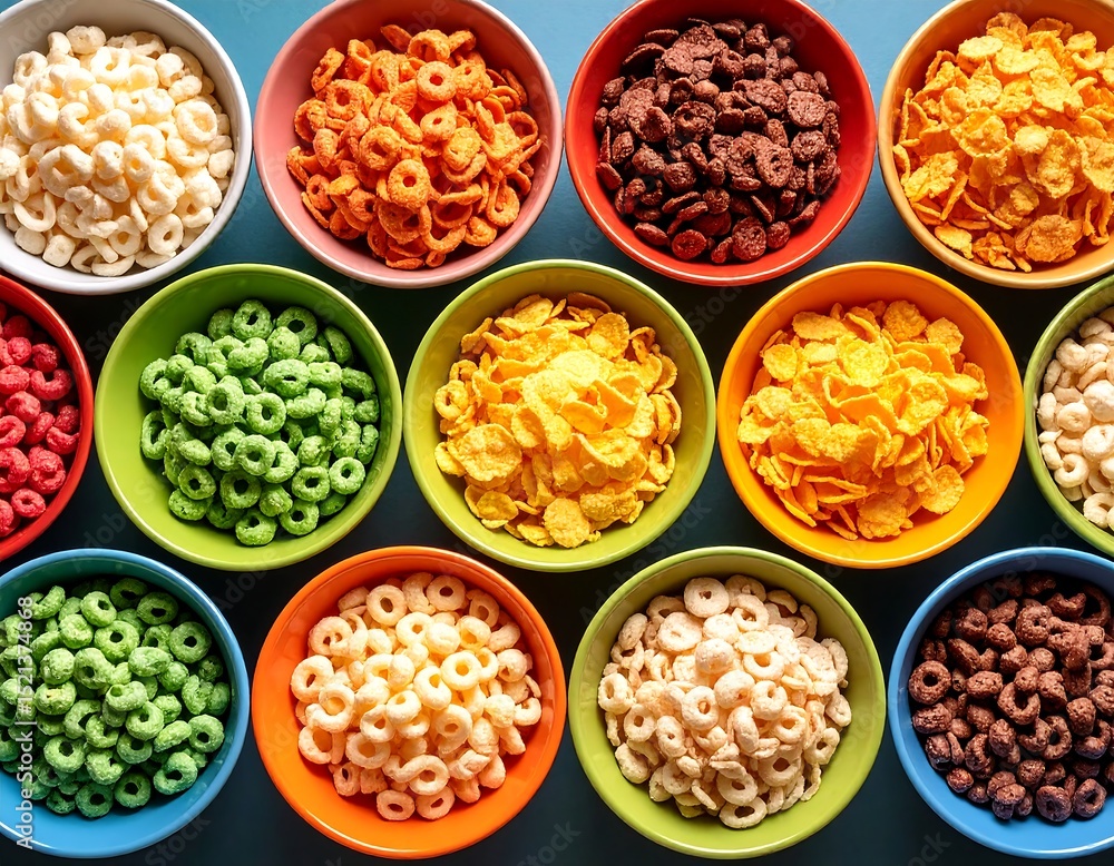 Colorful Cereal Bowls A Top View of Various Breakfast Cereals in Brightly Colored Bowls Colorful Cereal Bowls A Top View of Various Breakfast Cereals in Brightly Colored Bowls