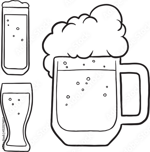 Hand-drawn beer illustrations, perfect for various occasions. Featuring different glass types and overflowing mugs, these outline images are ideal for coloring books, bar menus.