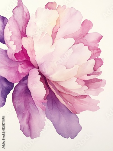 A delicate watercolor painting of an elegant peony, its petals rendered in soft pinks and purples