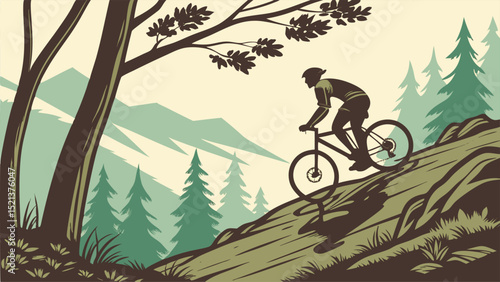 A mountain biker rides on a trail through a forest with trees and mountains in the background outdoor scene