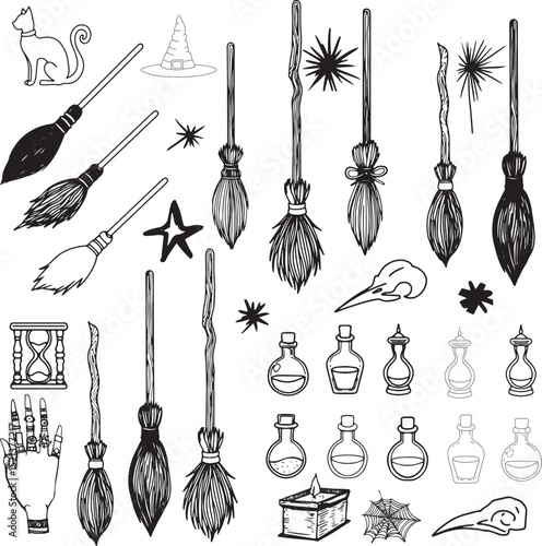 Vector Set Witch broom hand drawn sketch magic potion bottle halloween clipart design fairy symbols wizard items Coloring book Line drawing minimalistic black outline graphics flat doodle illustration