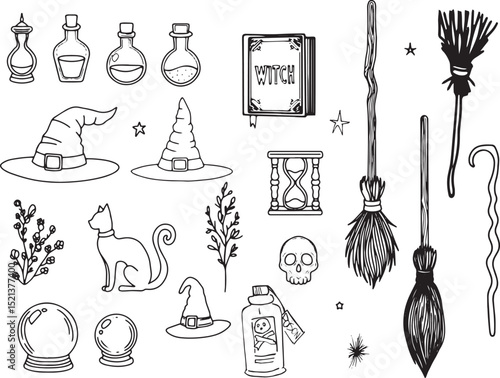 Vector Set Witch broom hand drawn sketch magic book wand halloween clipart design mystic symbols wizard items cat contour Line drawing minimalistic hourglass outline potion bottle doodle illustration