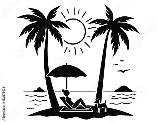 Solid Black Beach Vector with Human, Dog, and Nature