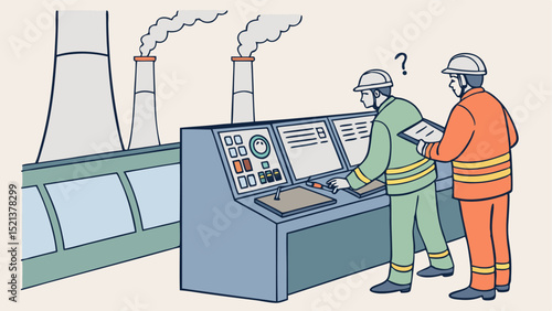 Two workers in a factory control room with smoke stacks visible in the background and a question mark above one