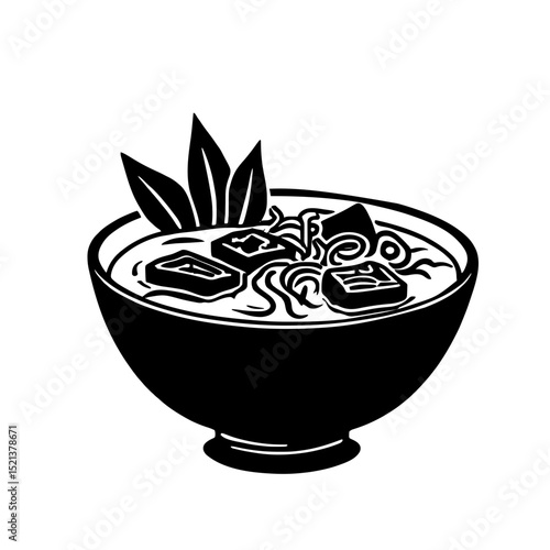 Minimalist black silhouette of a bowl of pho bo with beef and herbs on white background