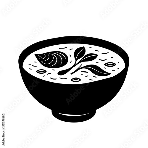 Minimalist black silhouette of tom kha gai bowl with coconut milk soup on white background