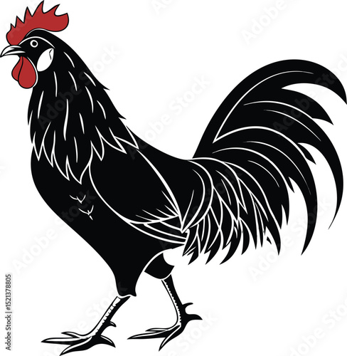 A stylized black and white illustration of a rooster standing on a white background in profile view