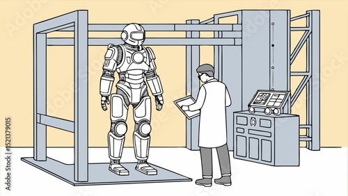 A scientist in a lab coat inspecting a large humanoid robot standing in a metal frame structure system