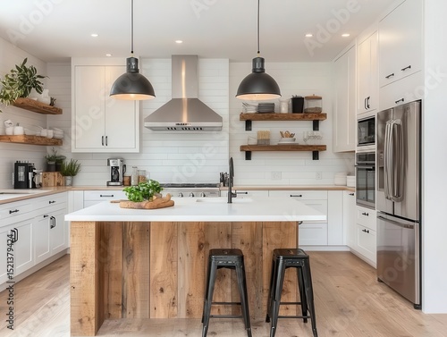 Openplan kitchen with matte white cabinets and natural wood island, functional minimalist decor