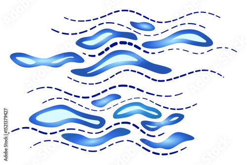 Blue gradient waves on white background. Water blue landscape vector illustration. Abstract background of different curved lines and shapes. Natural native decorative design element