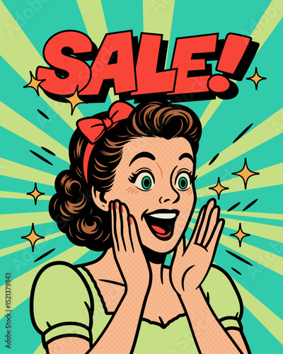 Surprised woman character reacting to a big sale