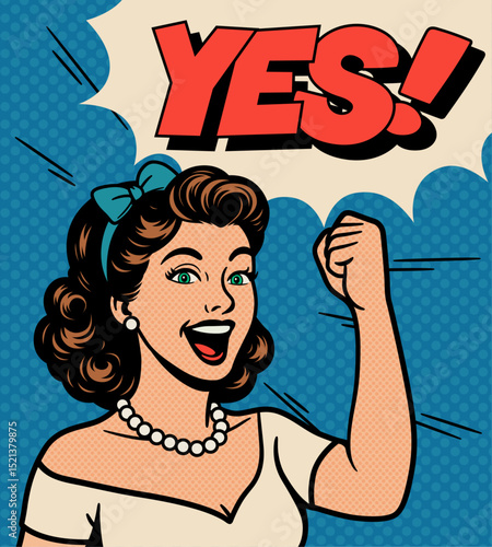 Happy woman character clenching her fist in excitement