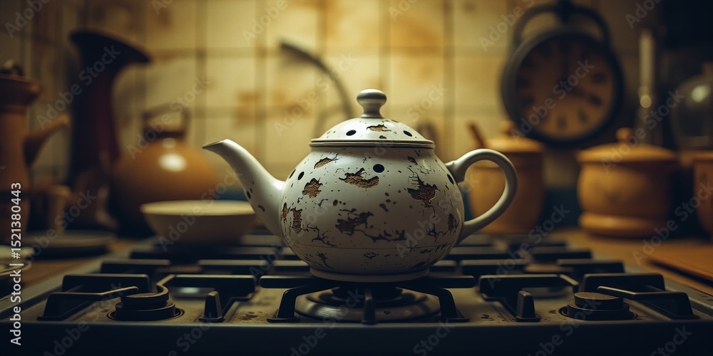 Fototapeta premium Antique Ceramic Teapot - Surreal Stovetop Scene