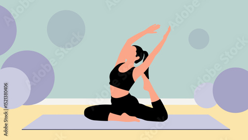Woman practicing yoga in an active pose on a mat at home  