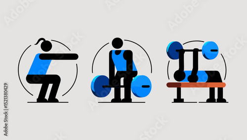 Fitness icons showing weightlifting exercises with blue and black accents  
